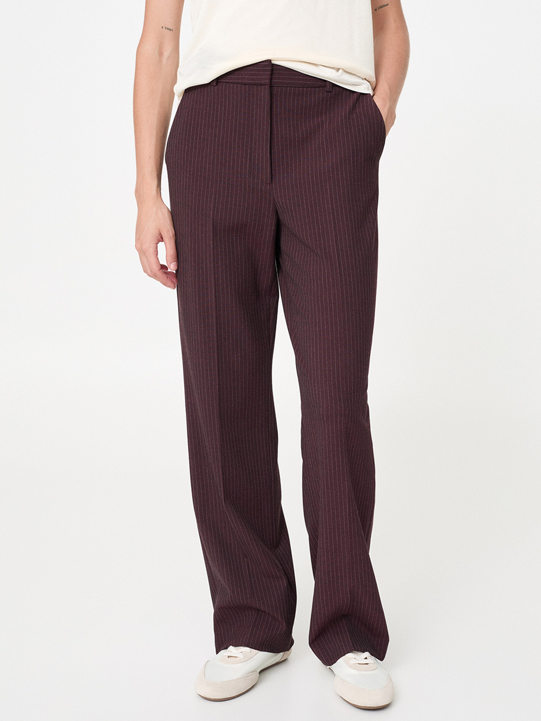 MANGO Women Striped Mid-Rise Regular Trousers