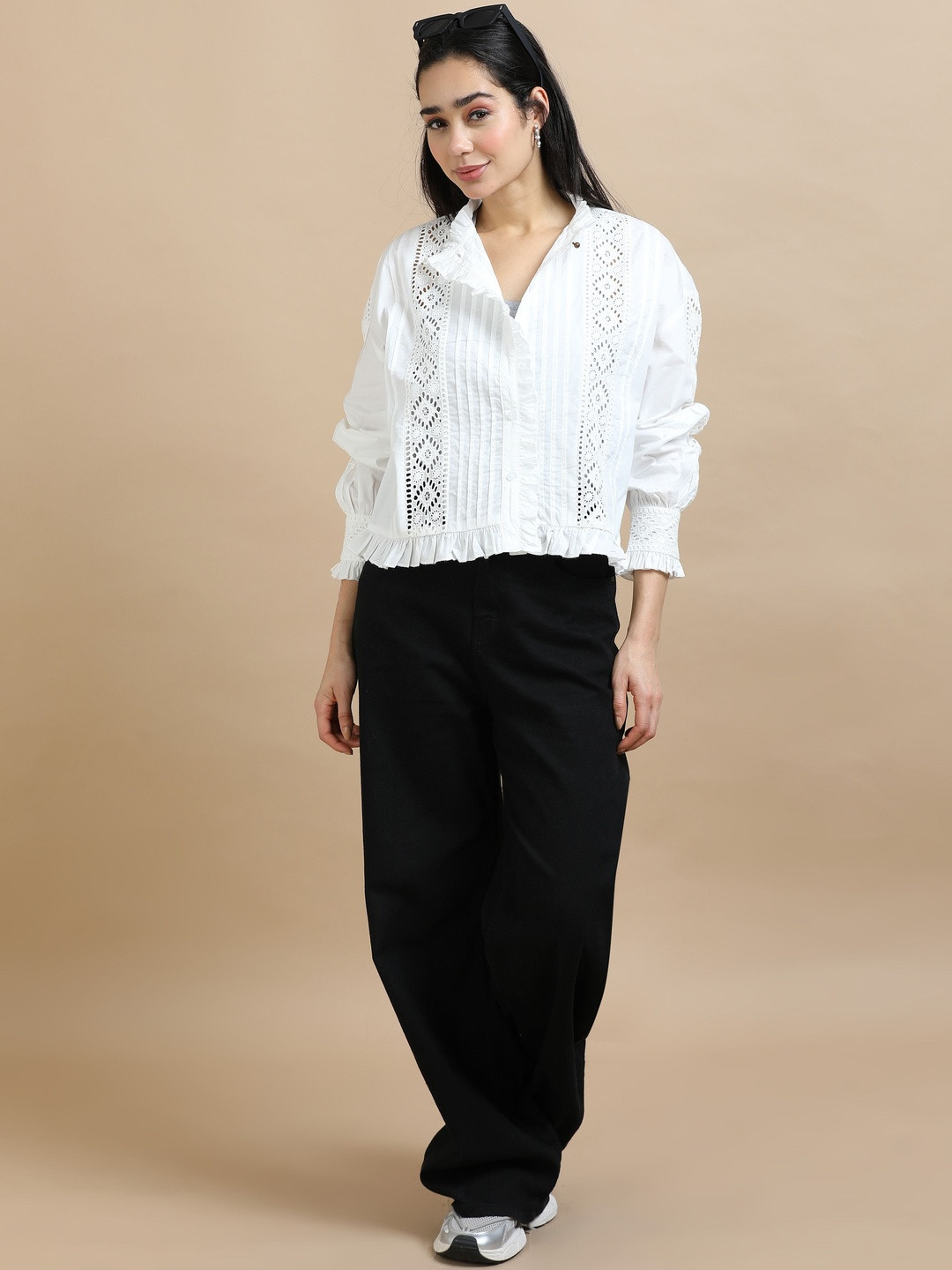 GLAM & CHIQUE Women's Pure Cotton Relaxed Fit Lace Ruffled High Neck Top