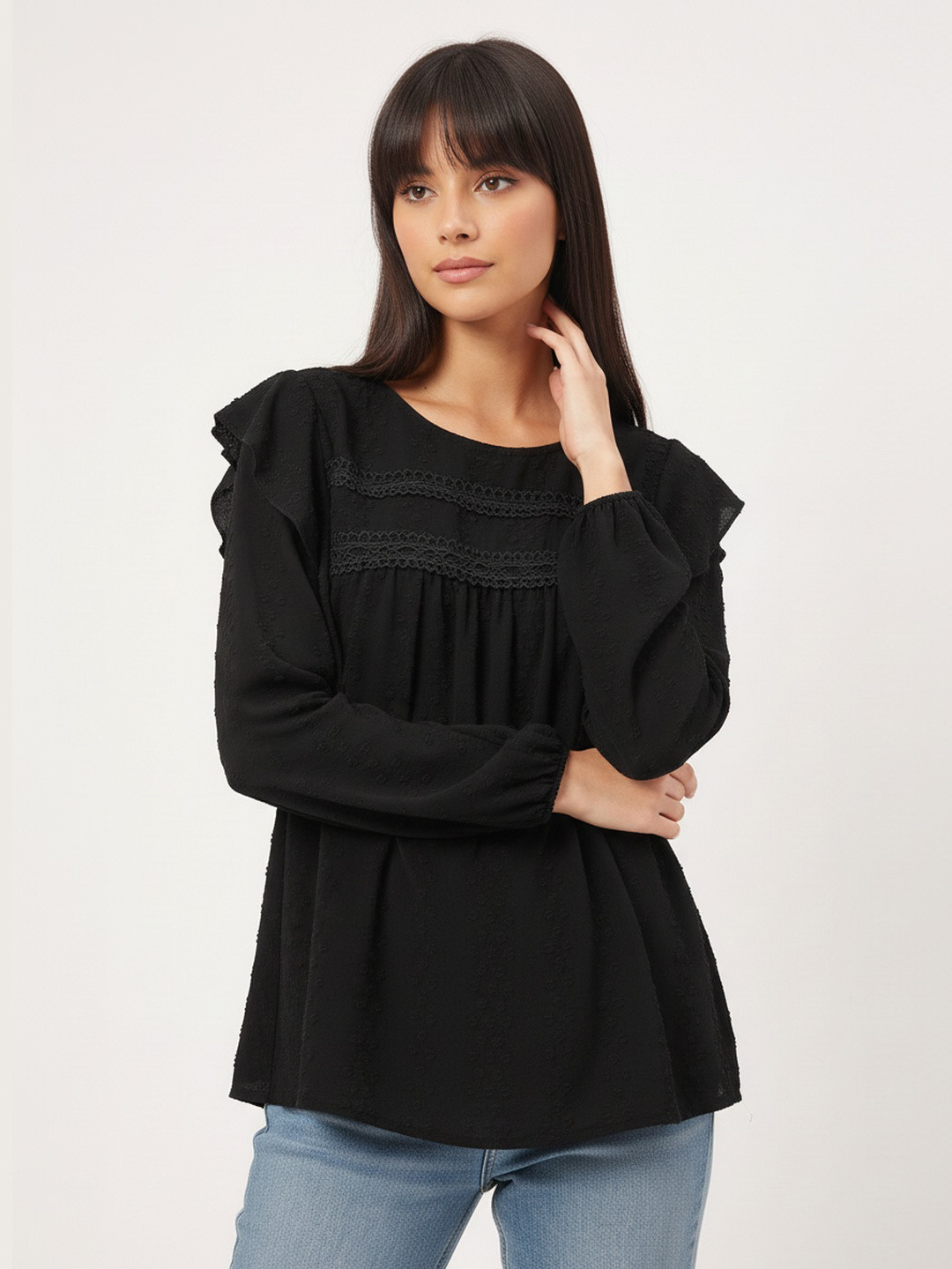 DressBerry Muted Melodies Dobby Weave Lace Inserts Ruffled Top