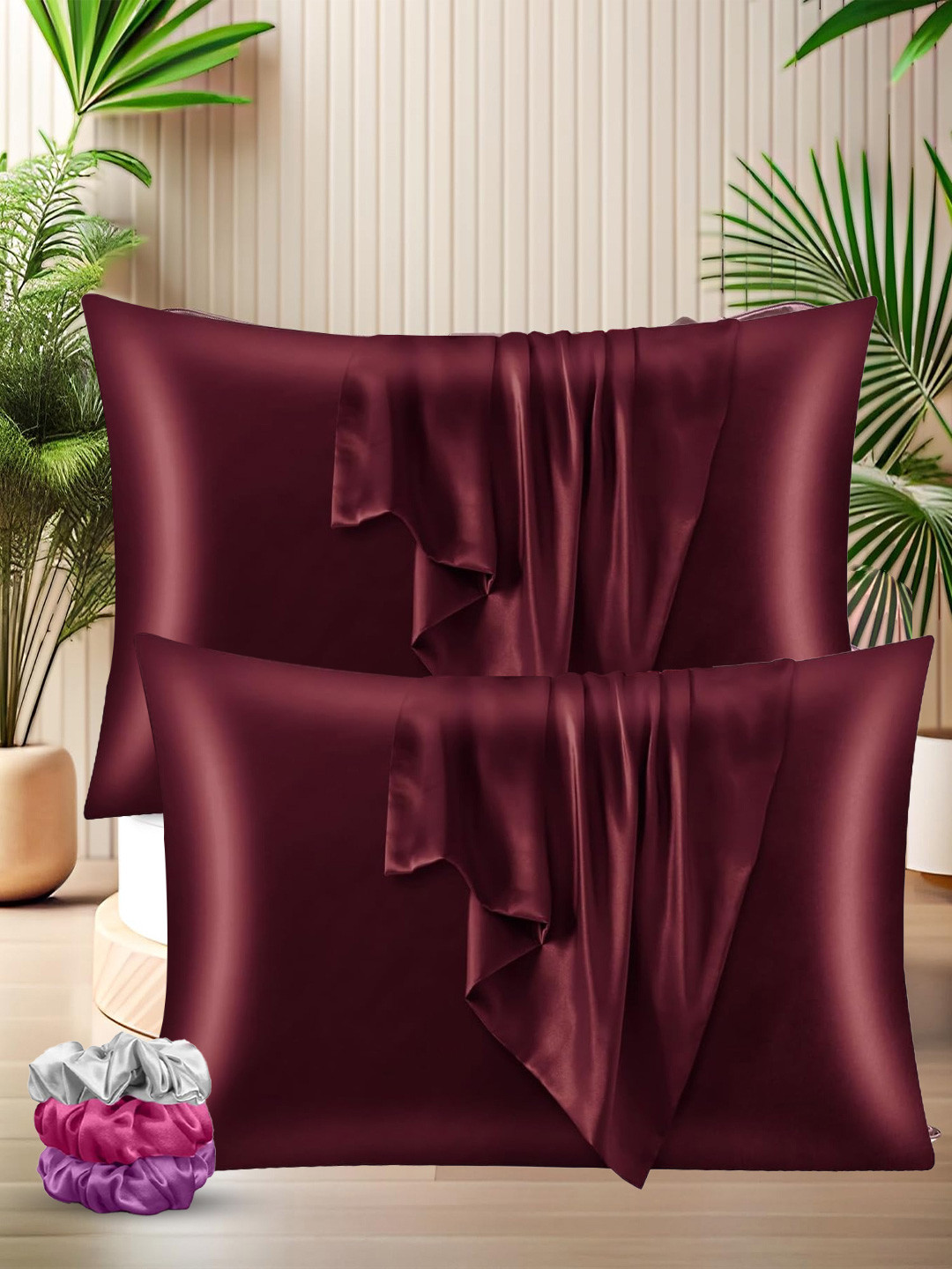 Sittella Pack of 2 Maroon Pure Silk Rectangle Pillow Covers
