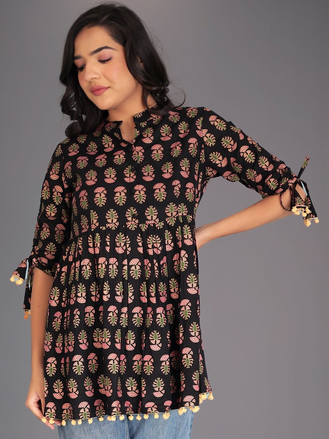 INVI Women Ethnic Motif Printed Tie-Up Mandarin CollarTop