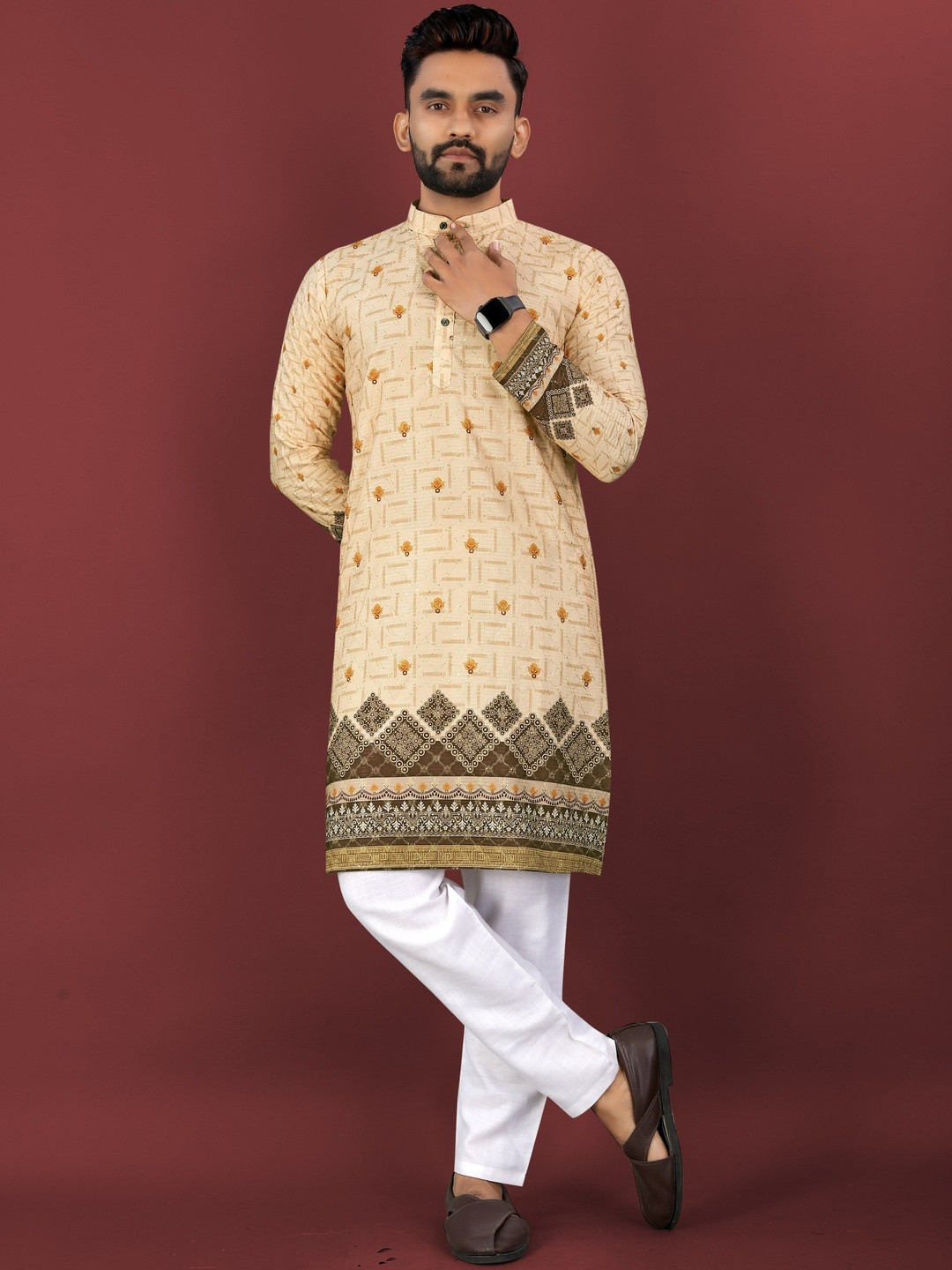 KRIJET Men Floral Printed Regular Sequinned Kurta with Pyjamas