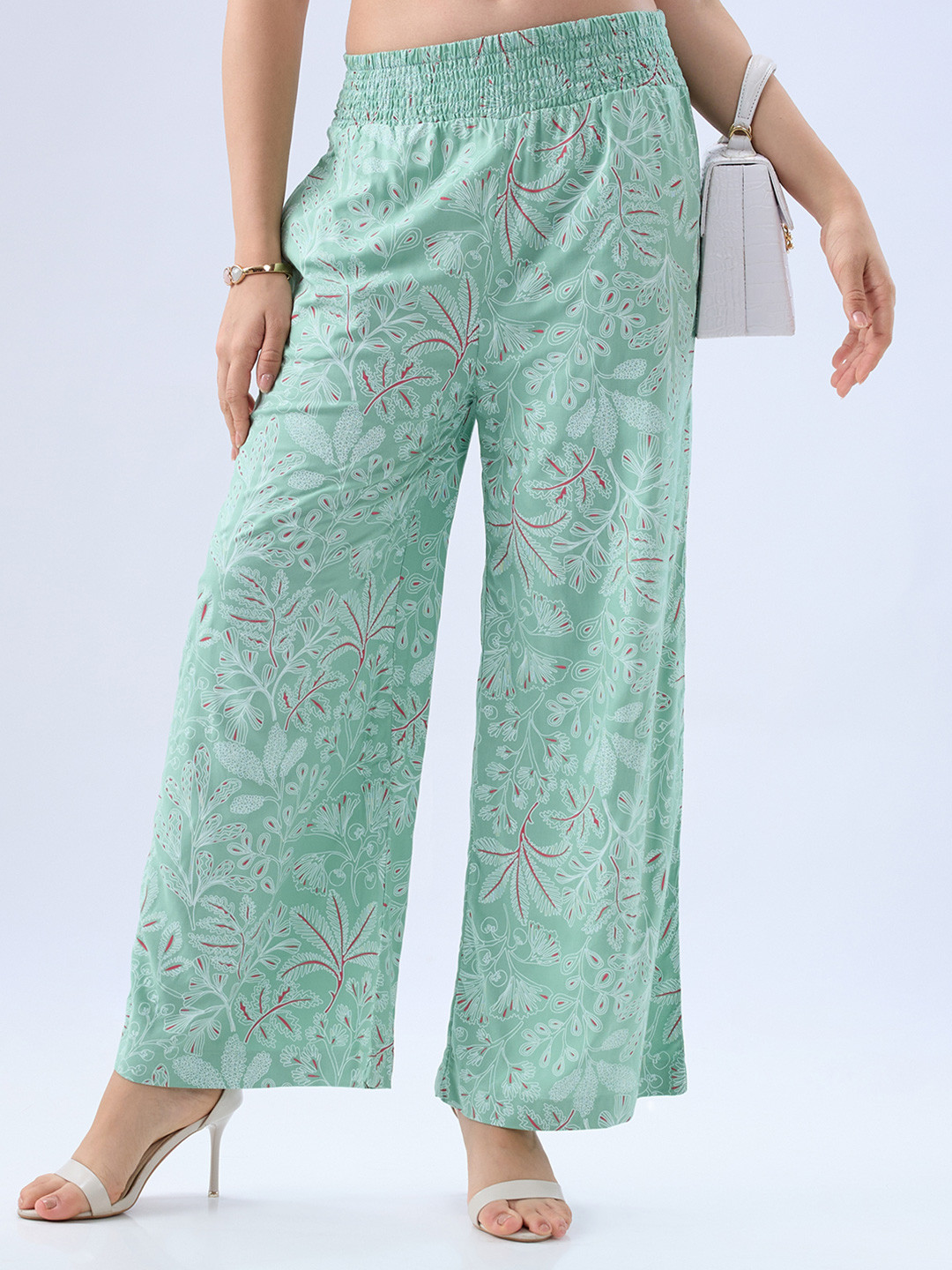 Mystere Paris Women Floral Printed Mid- Rise Flared Trousers