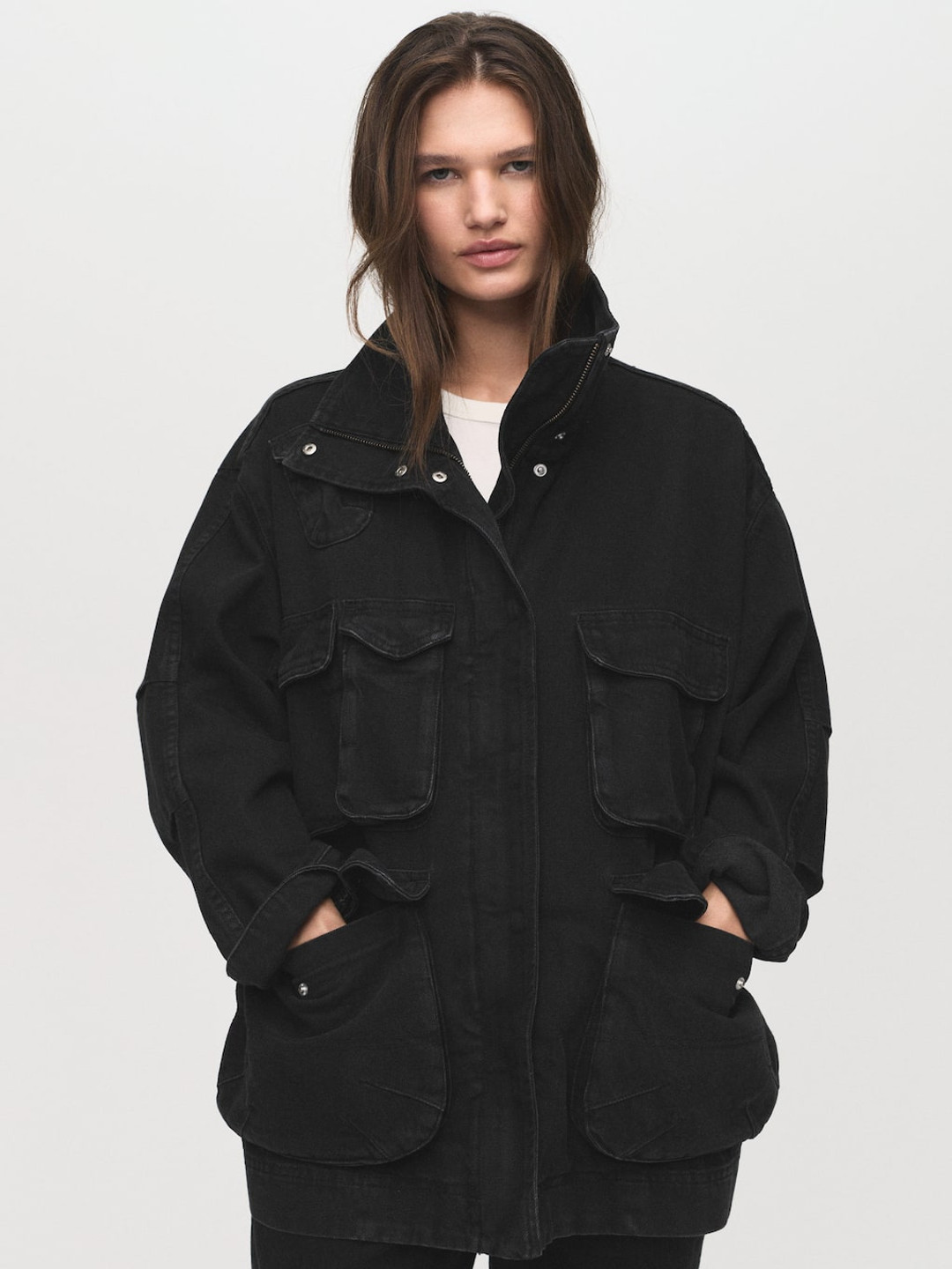 MANGO Mock Collar Utility Pockets Denim Jacket