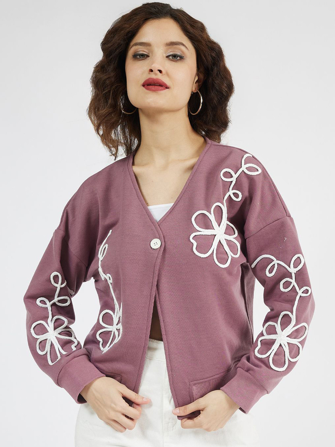 Athena Women Floral Embroidered V-Neck Cotton Front-Open Sweatshirt