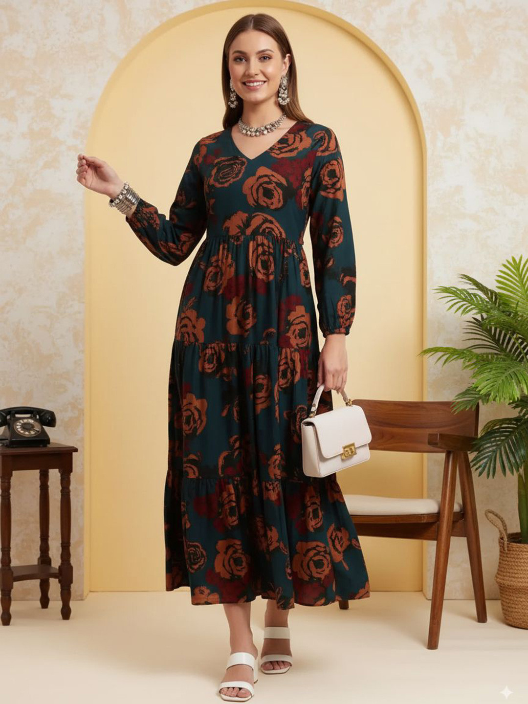 LIPS CROWN Women Green Floral Print Full Sleeve A-Line Midi Dress