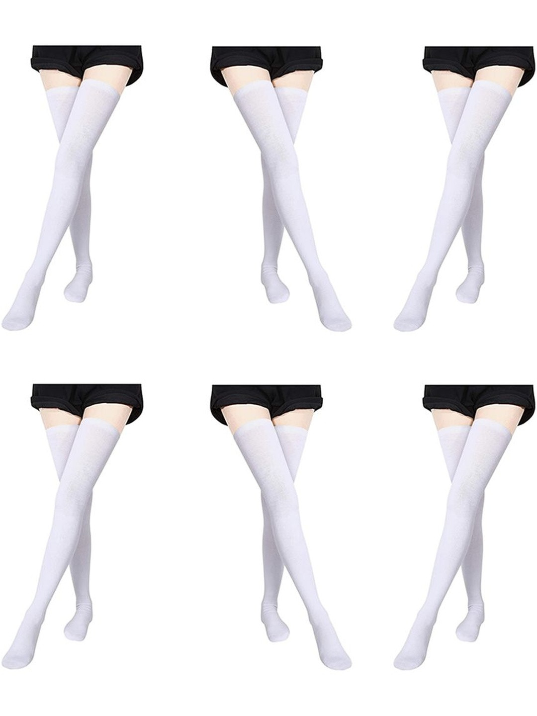 MUKHAKSH Women Pack Of 6 White Cotton Stocking Over the Knee Thigh Length Thigh High Socks
