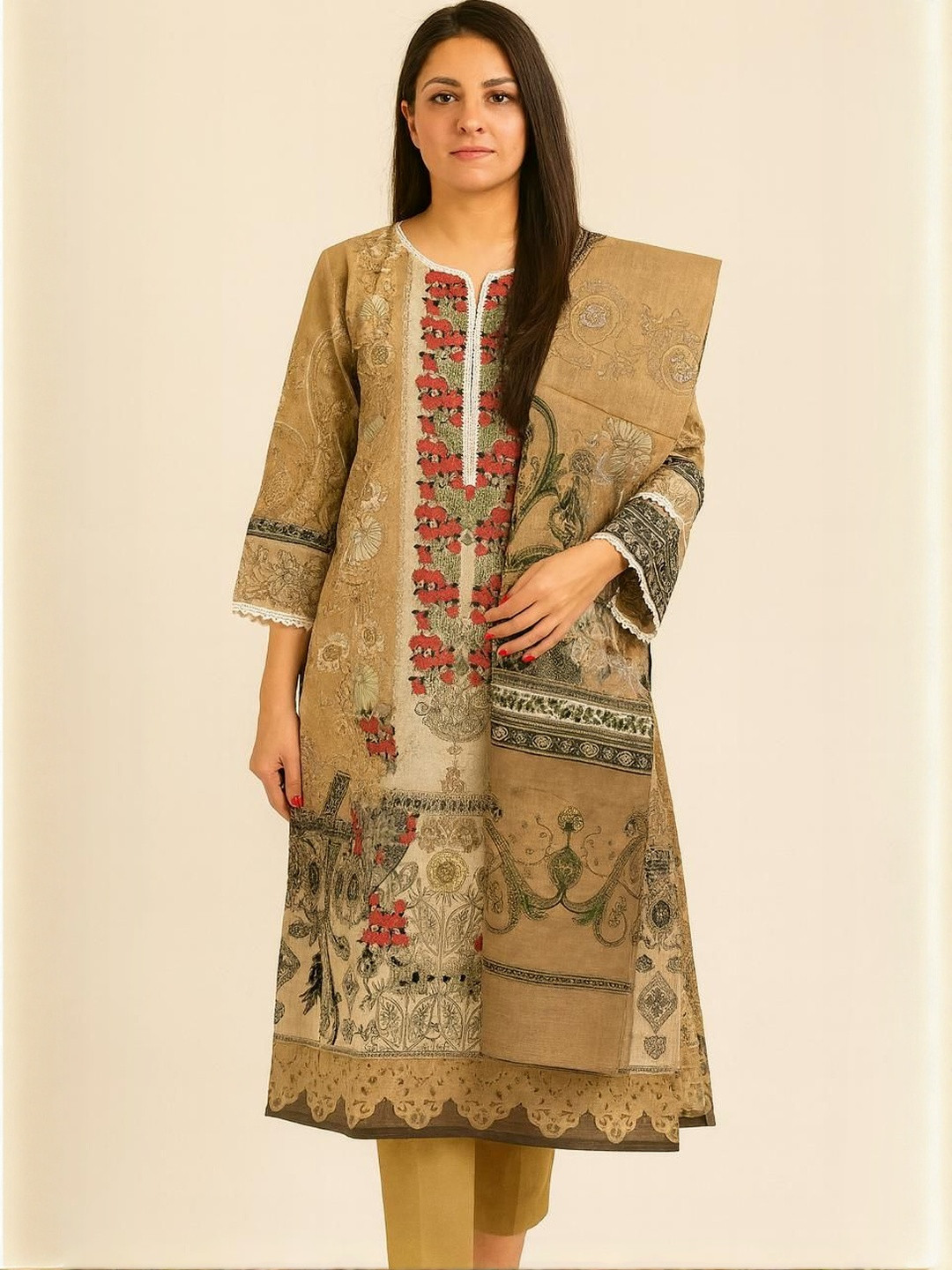 DESIGN ELEMENTS Women Yellow Floral Printed Round Neck Regular Pure Cotton Kurta Sets