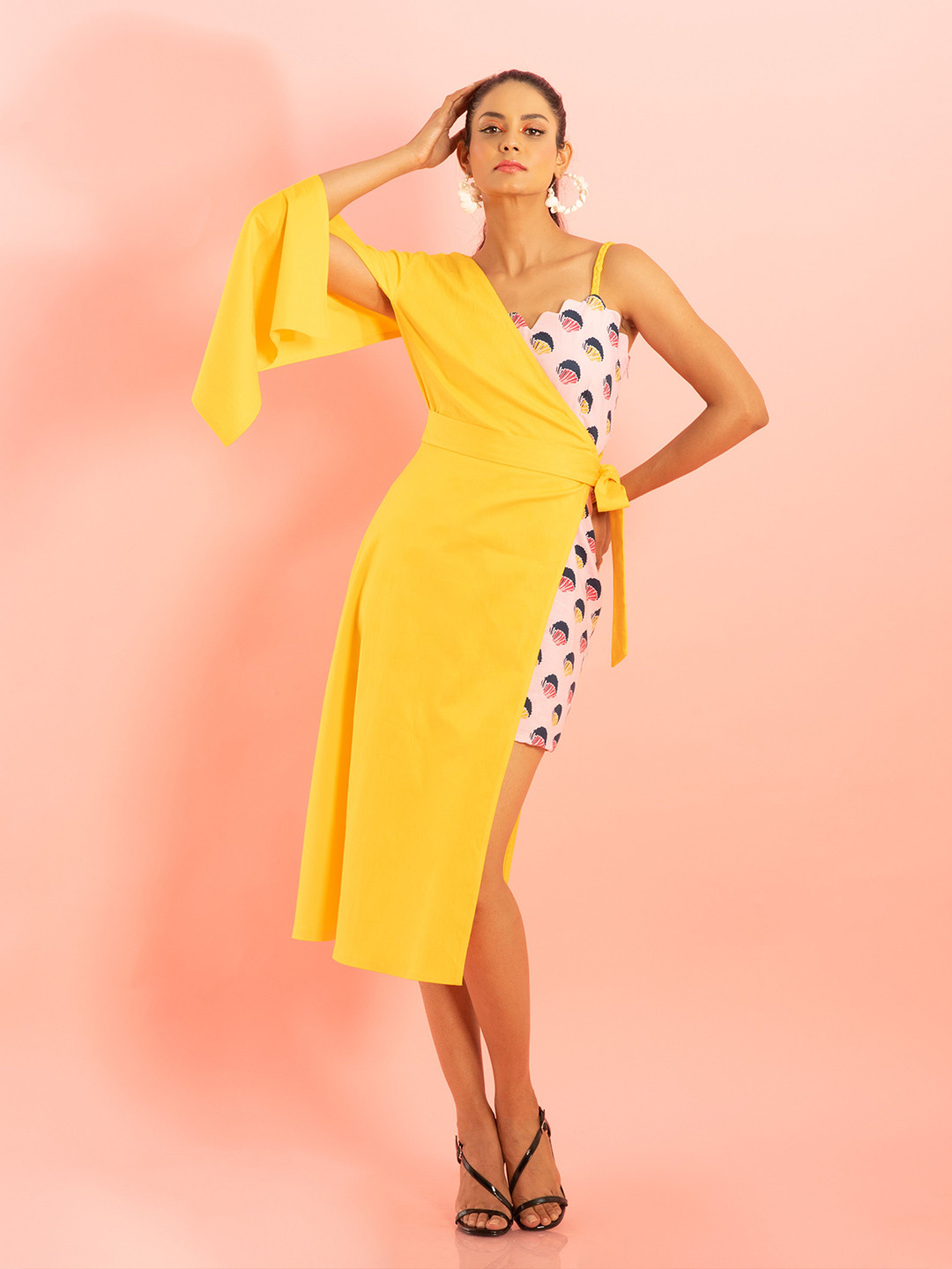 LOVEPRASHA Abstract Printed Asymmetric Neck Flared Sleeve Wrap Midi Dress