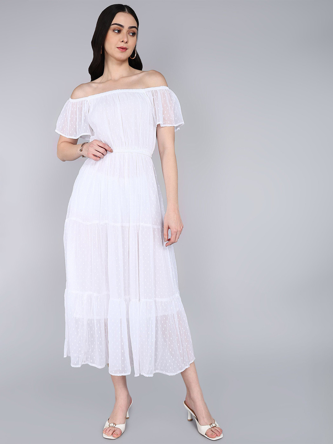 IQRA ENTERPRISE Off-Shoulder Flared Sleeve Crepe Fit and Flare Midi Dress