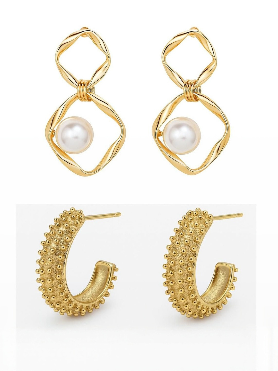 SHREE VASTRAHOUSE Set Of 2 Gold-Plated Artificial Beaded Diamond Shaped Drop Earrings