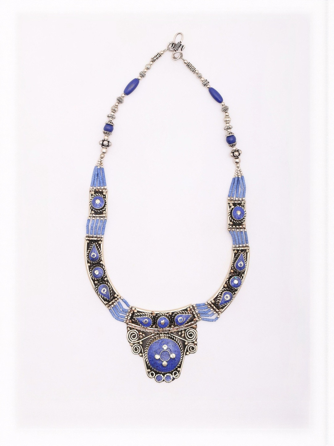 Exotic India Tibetan Tribal Imitation Lapis Lazuli Oxidised Necklace