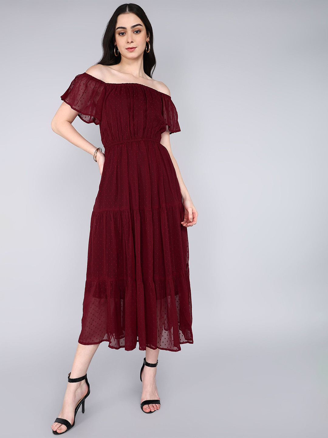 IQRA ENTERPRISE Off-Shoulder Flared Sleeve Tiered Fit & Flare Midi Dress
