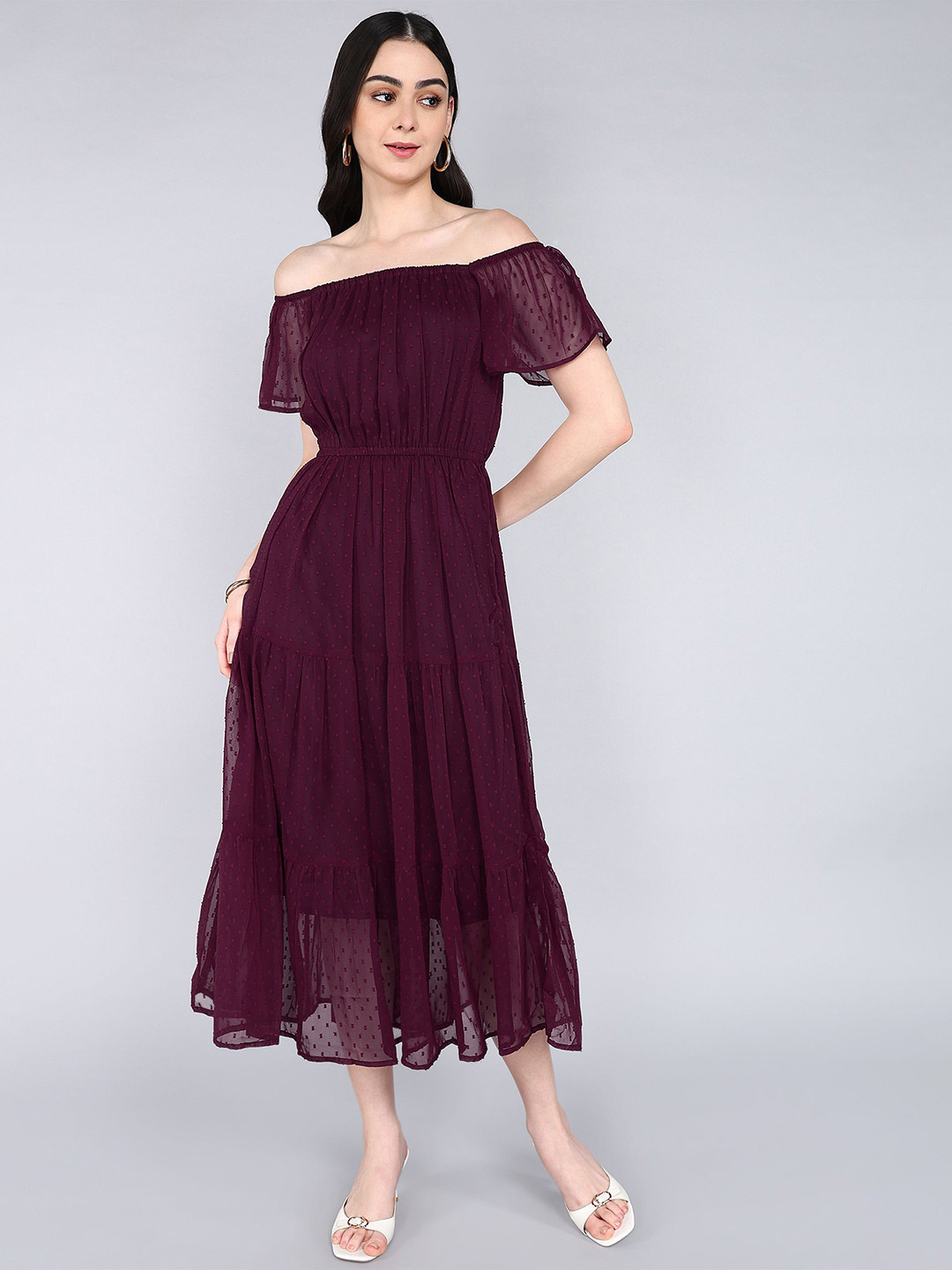 IQRA ENTERPRISE Women Self Design Off-Shoulder Crepe Fit & Flare Midi Dress