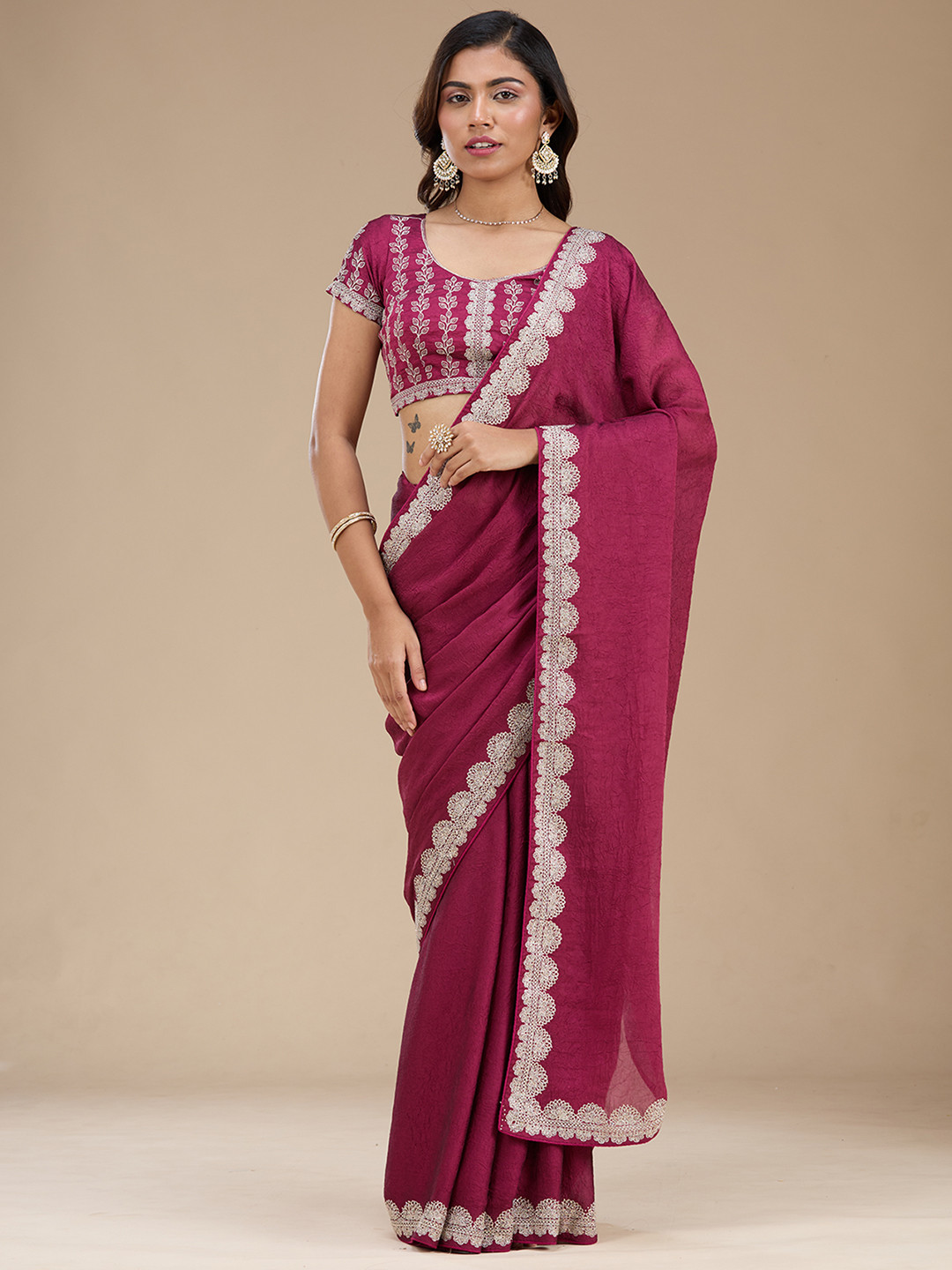 Koskii Pink Zari Work Silver Soft Raw Silk Saree