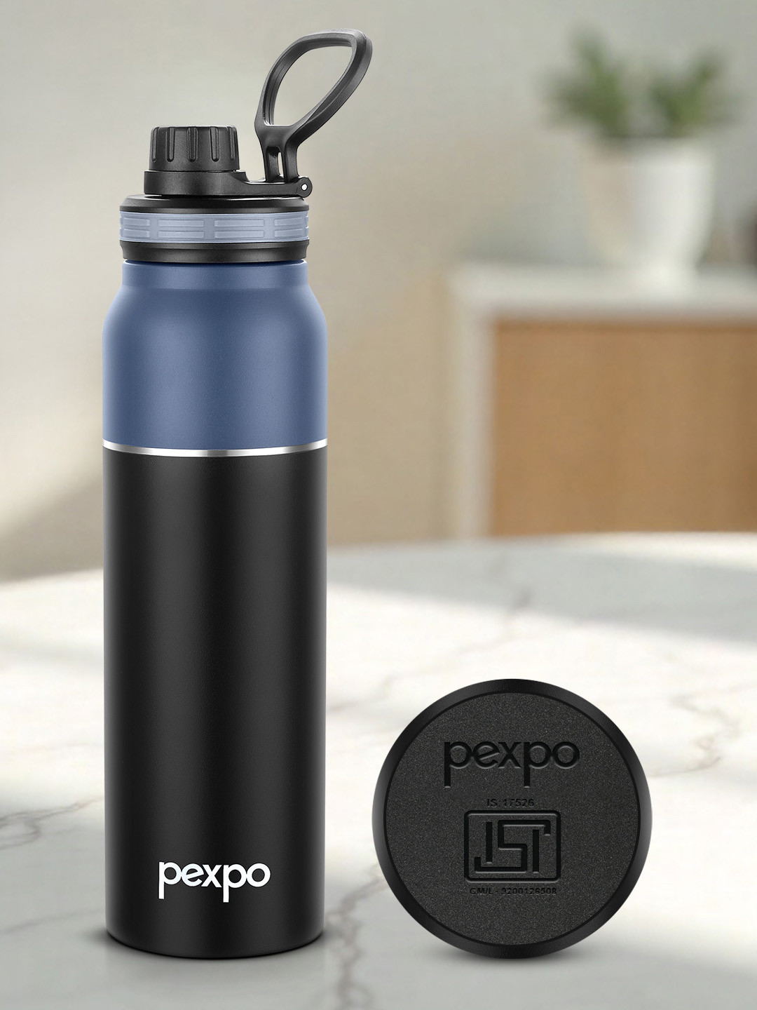 Pexpo Grey & Black Colourblocked Stainless Steel Double Wall Vacuum Water Bottle-940ml