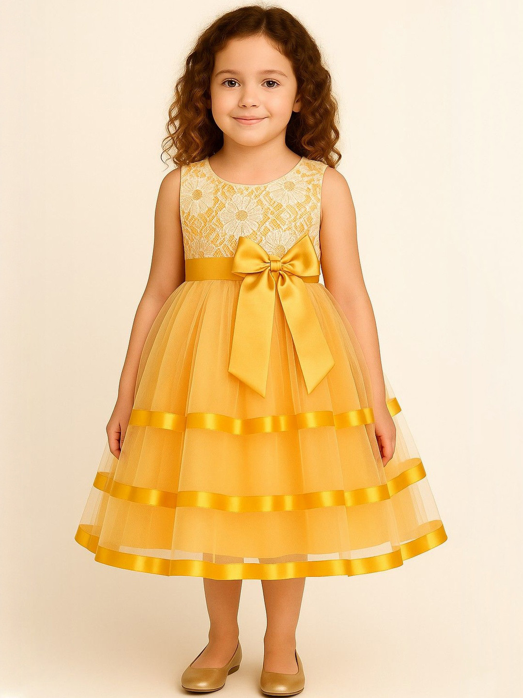 My Lil Princess Girls Yellow & Beige Bow Embellished Layered A-Line Net Dress