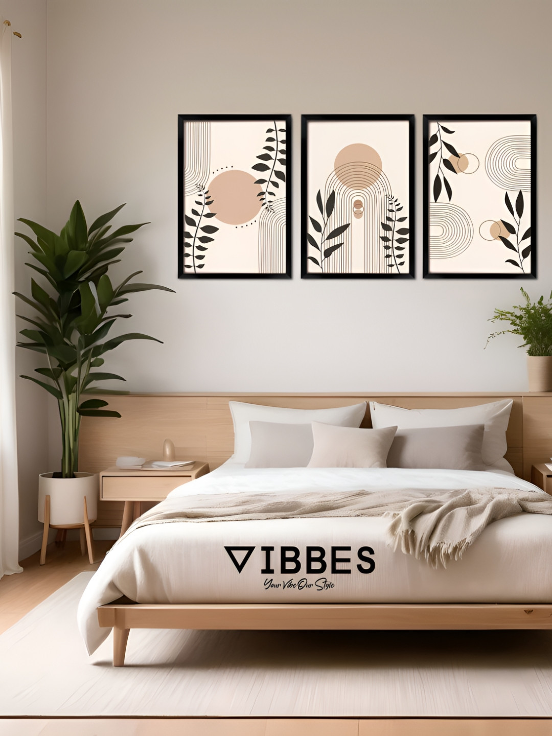 Vibbes Set Of 3 Green & Beige Wooden Tropical Wall Paintings