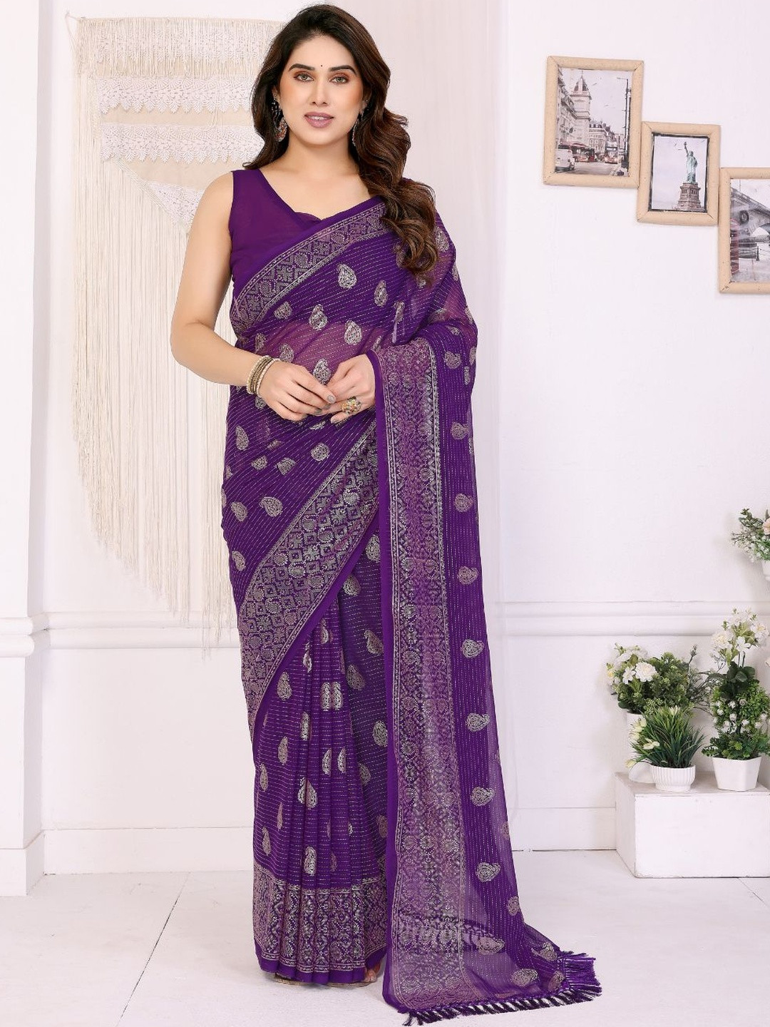 Civamee Women Purple Paisley Poly Georgette Purple Designer Saree