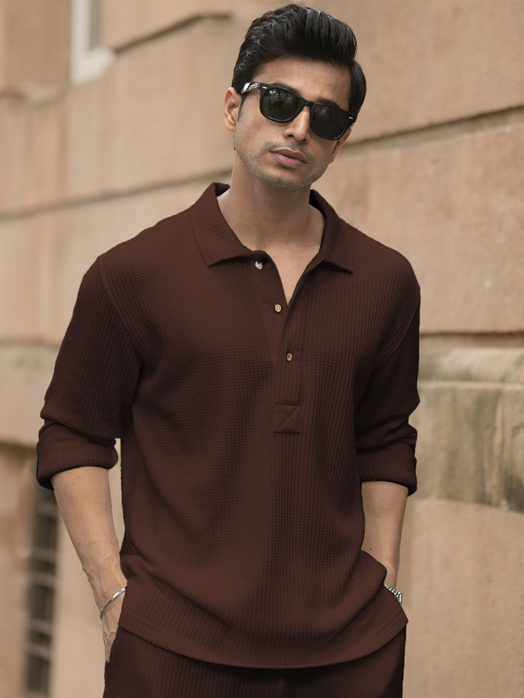 Powerlook Men Structured Knit T-shirt & Trousers Co-ord Set