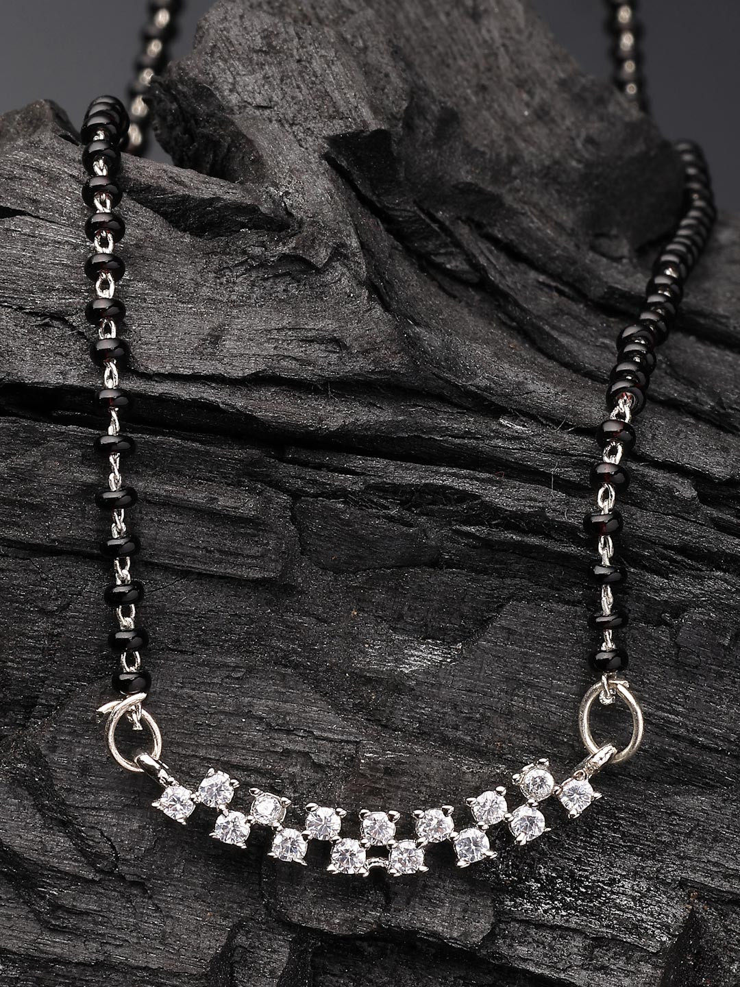 ADIVA Silver-Plated Cubic Zirconia Studded & Beaded Mangalsutra
