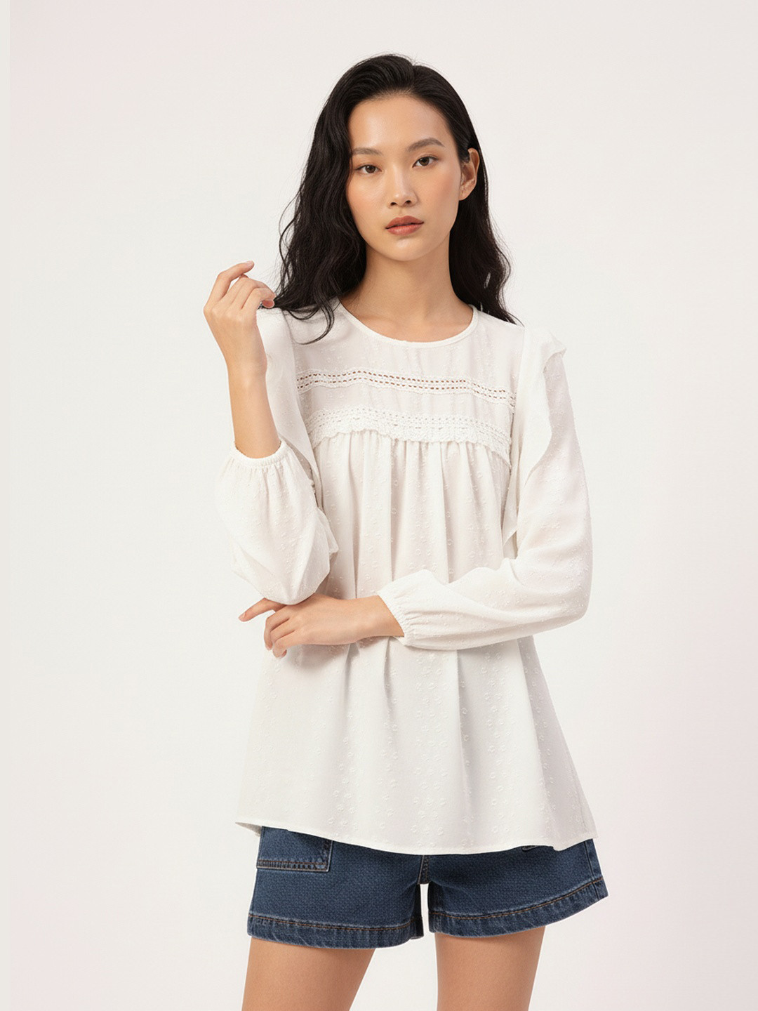 DressBerry Free Spirit Fit Dobby Weave Lace Inserts Ruffled Top