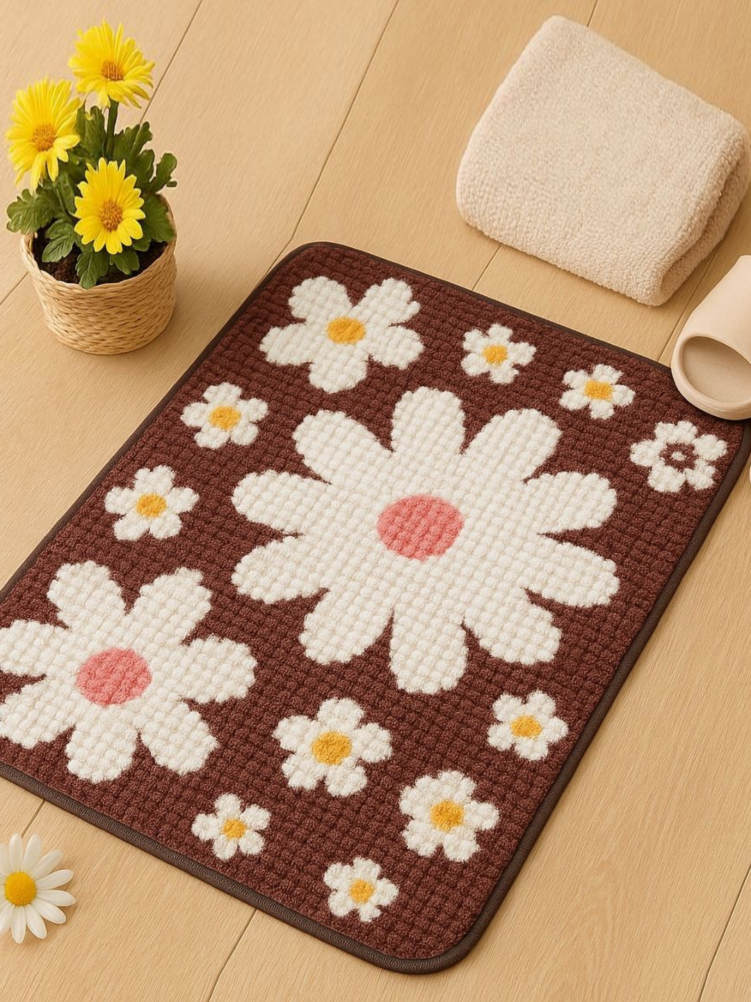 winner Brown & White Anti-Skid Floral Printed Floor Mat