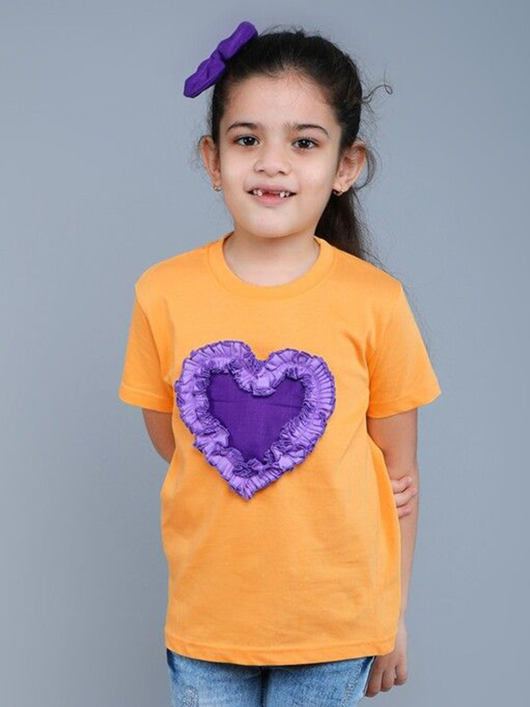 Pink Chick Vibe Tee Girls Self Design Round Neck Cotton Tshirt With Hair Clip