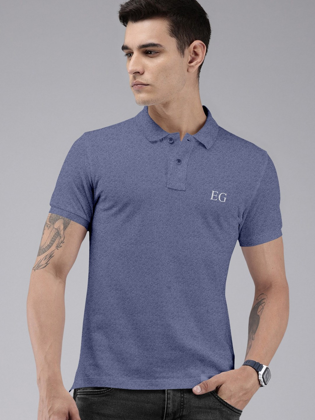 THE EG STORE Men Solid Polo Collar Cotton T-shirt