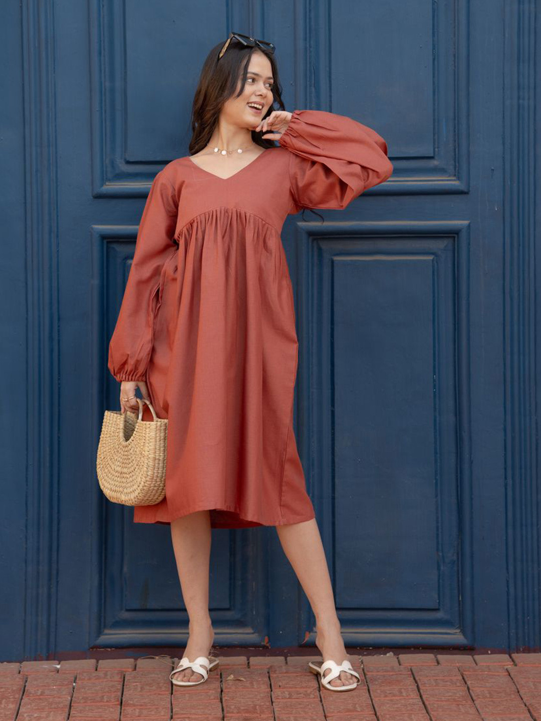 Meeshara Women Linen Empire Dress