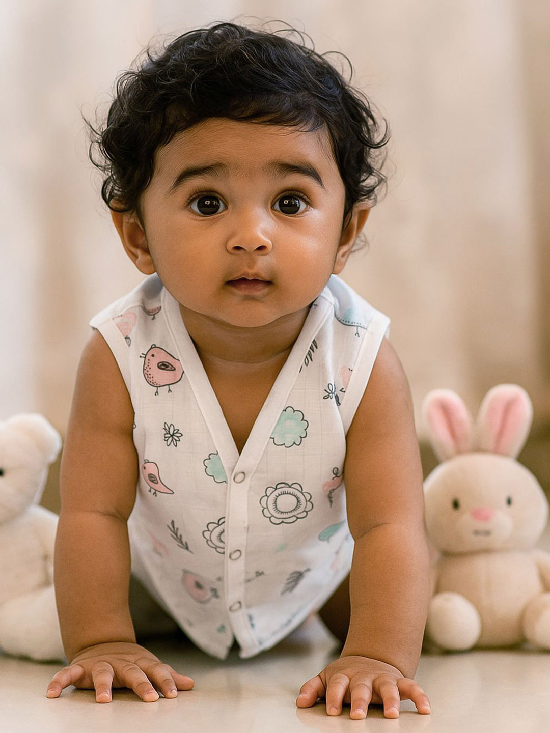 Nuego Infants Birds Print Pure Organic Cotton Muslin Button Jabla