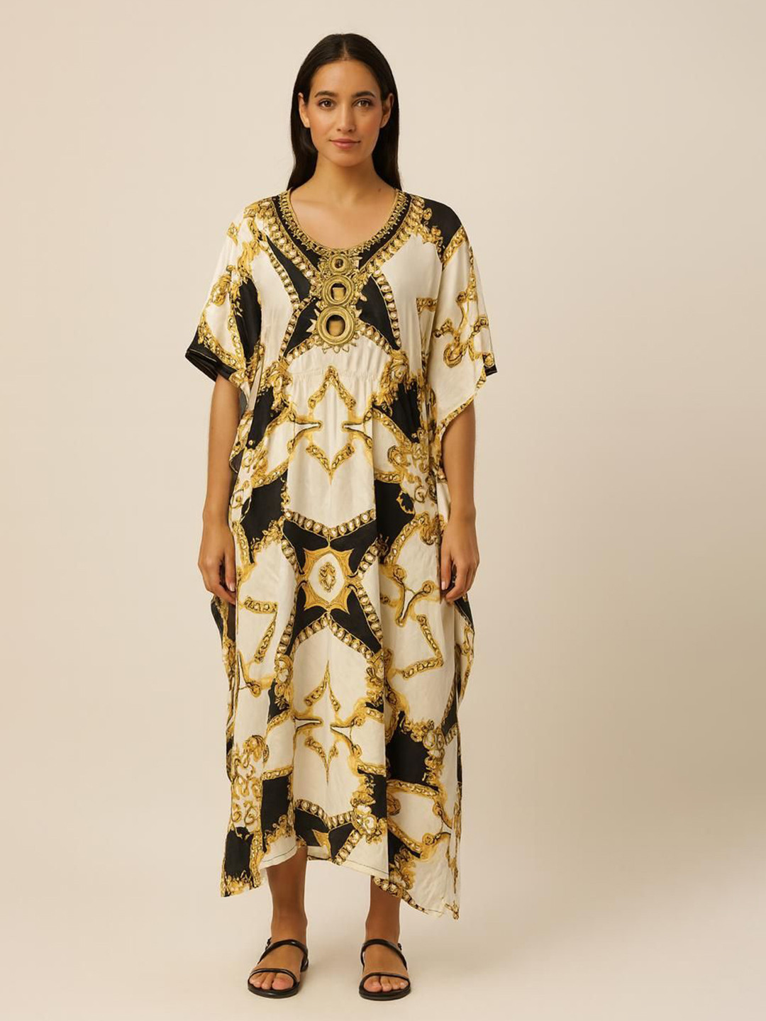 DESIGN ELEMENTS Abstract Printed Batwing Sleeves Kaftan Maxi Dress