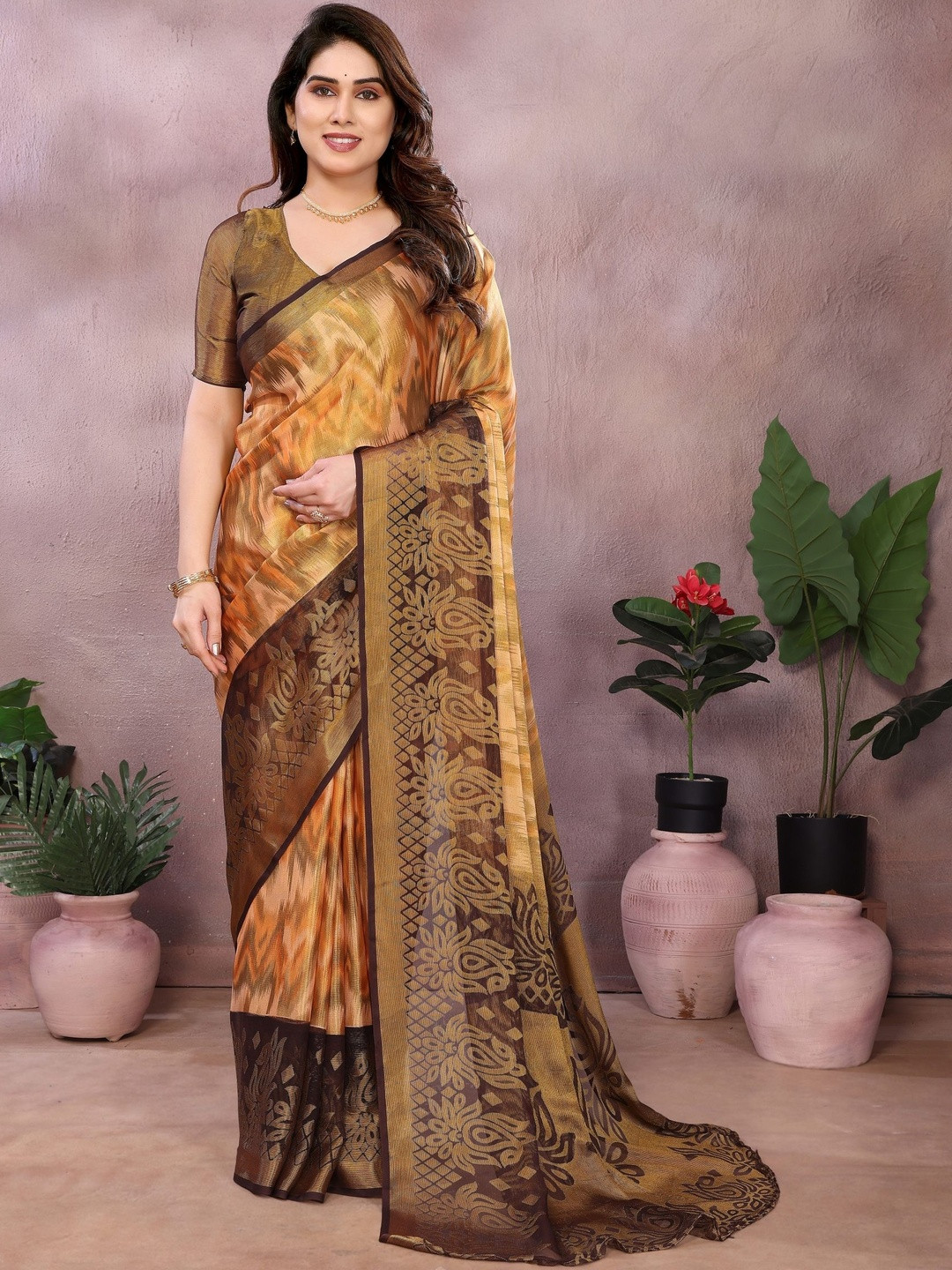 Dori Ethnic Motifs Printed Brasso Woven Design Saree with Traditional Motifs