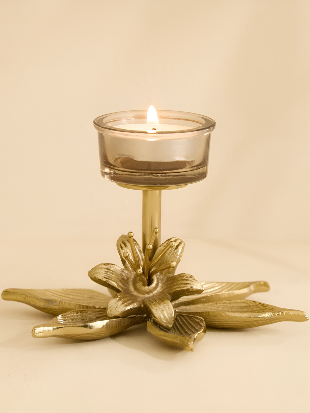 Home Centre Amara Ava Gold-Toned Floral Glass and Aluminium Candle Holder