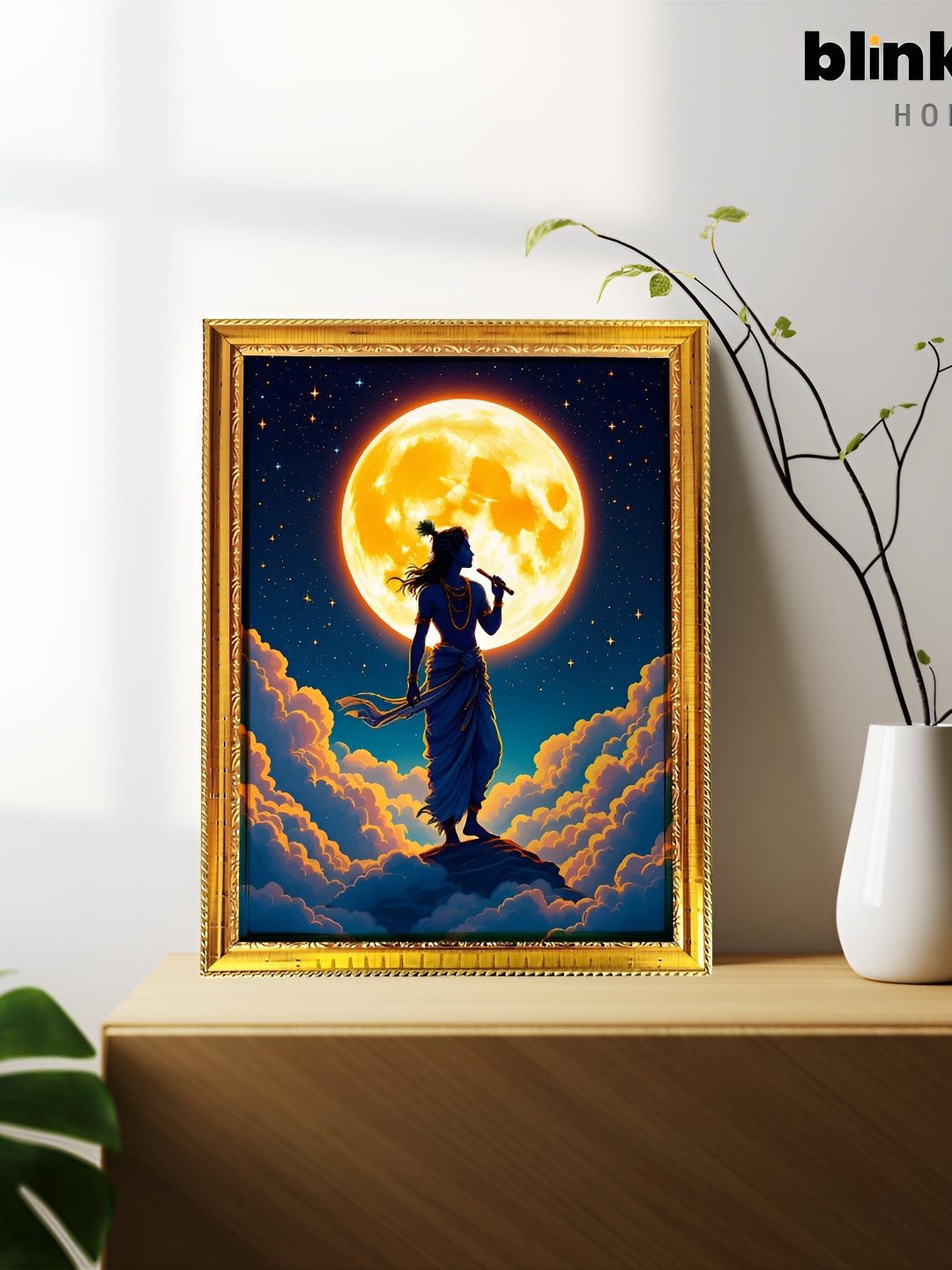 blinkart Gold-Toned & Yellow Lord Krishna Wood Photograph Wall Art