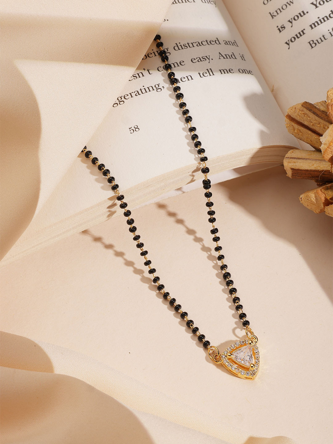 ADIVA 18K Gold-Plated American Diamond Studded & Beaded Mangalsutra