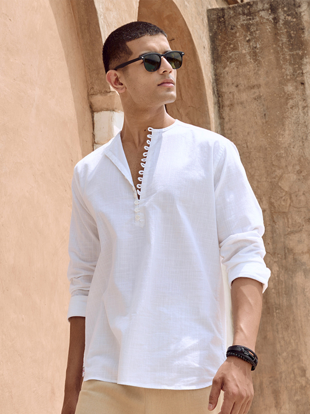 KINGDOM OF WHITE Full Sleeve Loop Detail Pure Cotton Short Kurta