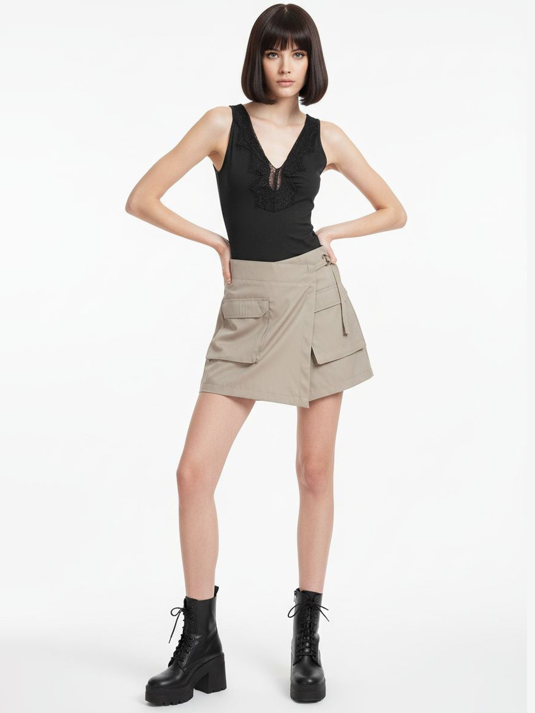 DressBerry Lace Detail Plunging V-Neck Bodysuit