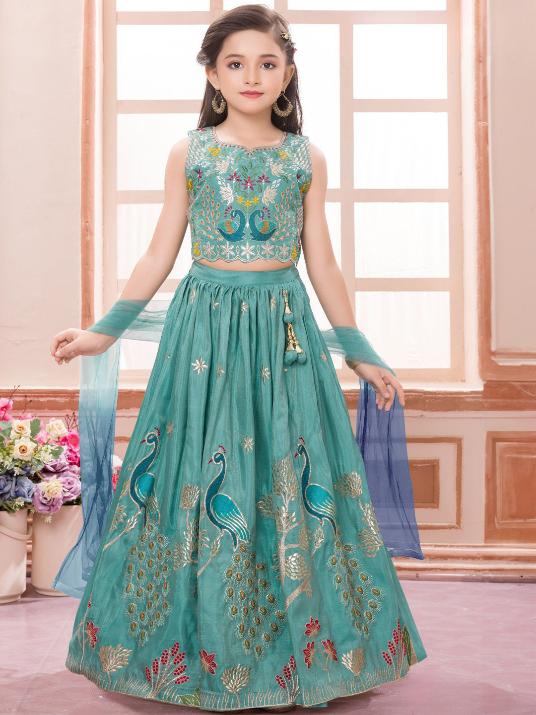 Lagorii Girls Peacock Embroidered Thread Work Ready to Wear Lehenga & Choli with Dupatta