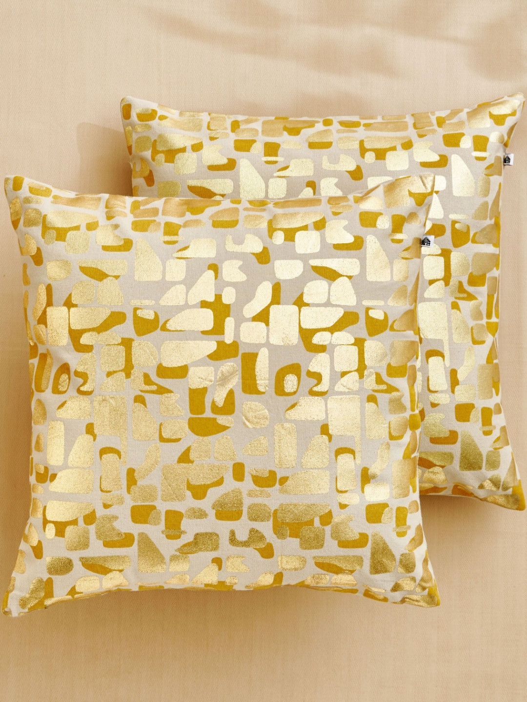 Home Centre Celestial Beige & Gold-Toned 2 Pieces Abstract Square Cushion Covers