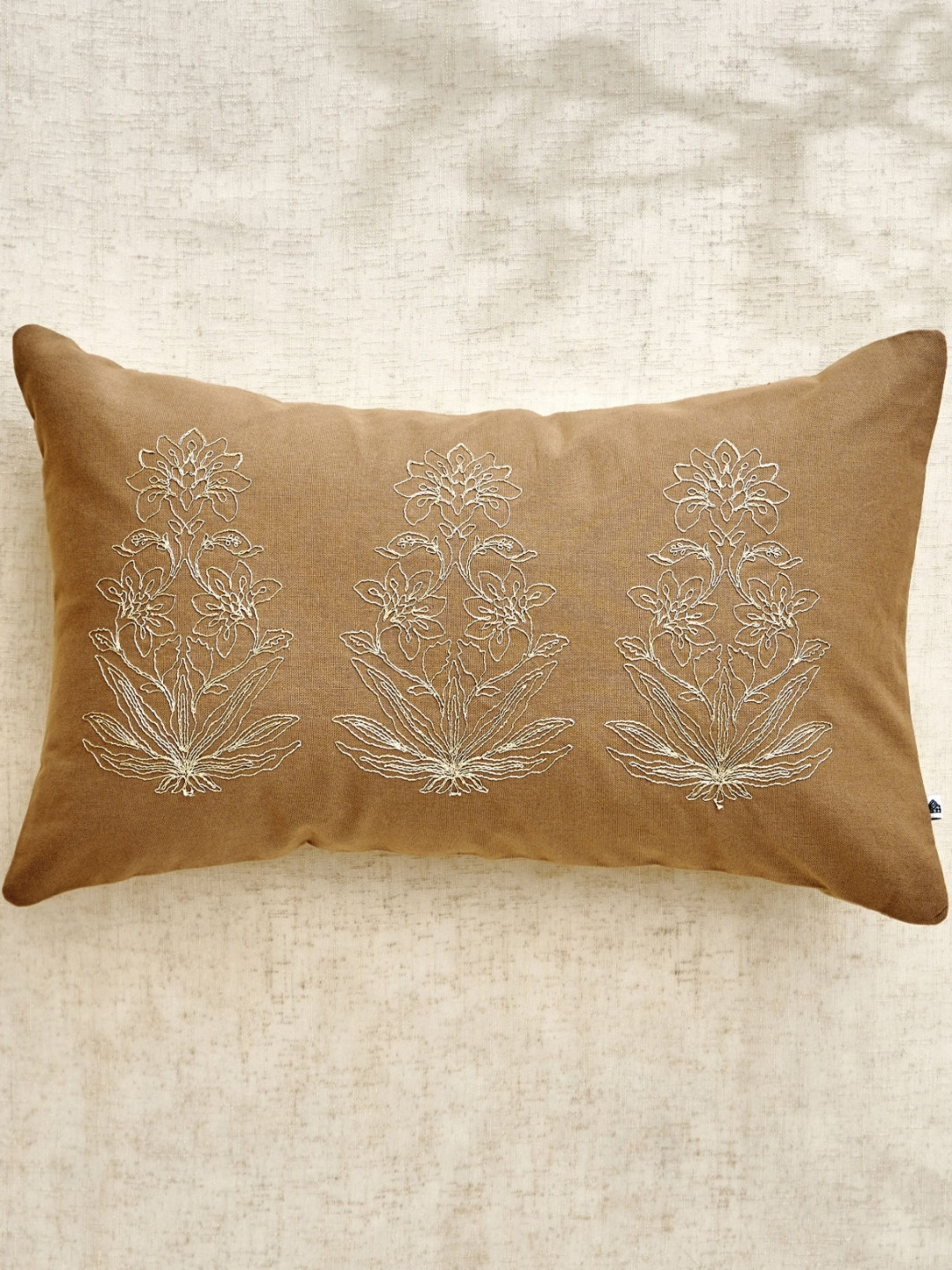 Home Centre Glimmer Dusk Auria Brown Embroidered Cotton Rectangle Cushion Cover