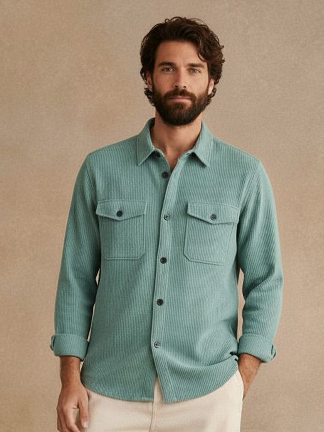 VEYTRO Textured Spread Collar Jacquard Fabric Casual Shirt