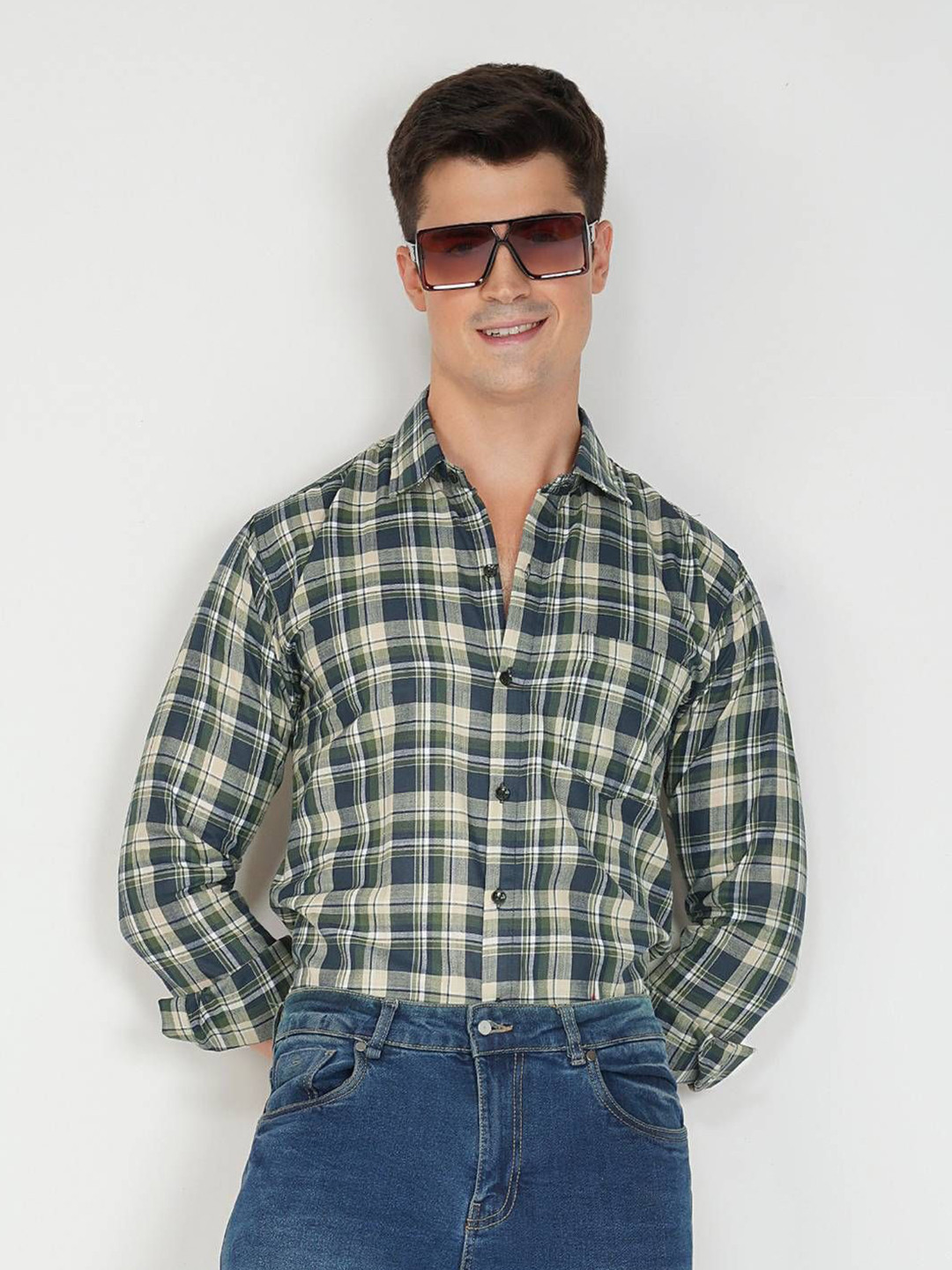 Yellow, Green & Navy Tartan Regular Fit Casual Shirt