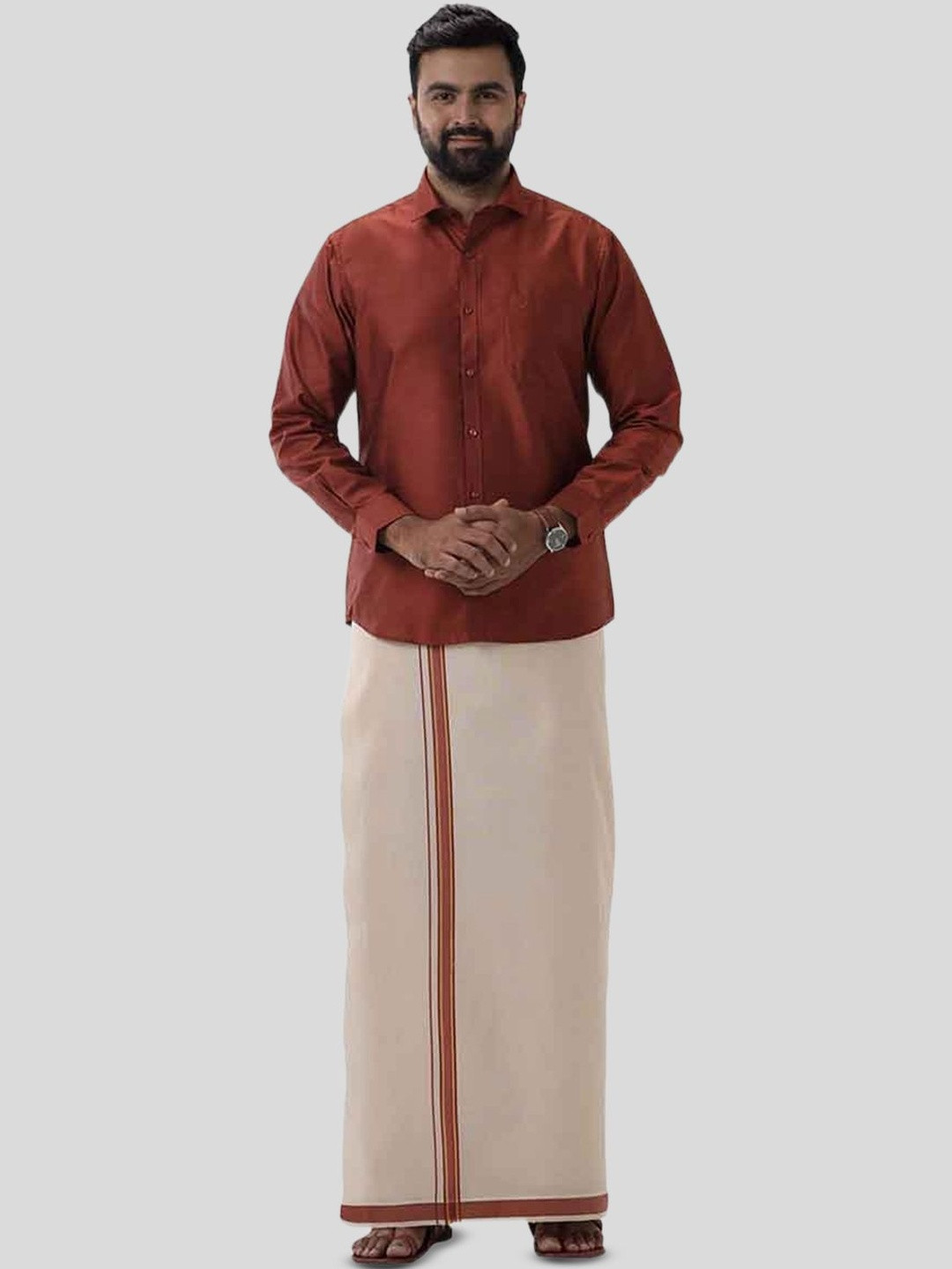 UATHAYAM Men Brown Full Sleeve Shirt and Single Dhoti Set