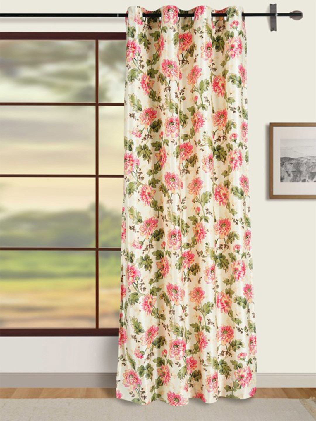 SWAYAM Omega Cream-Coloured & Green Floral Room Darkening Long Door Curtain