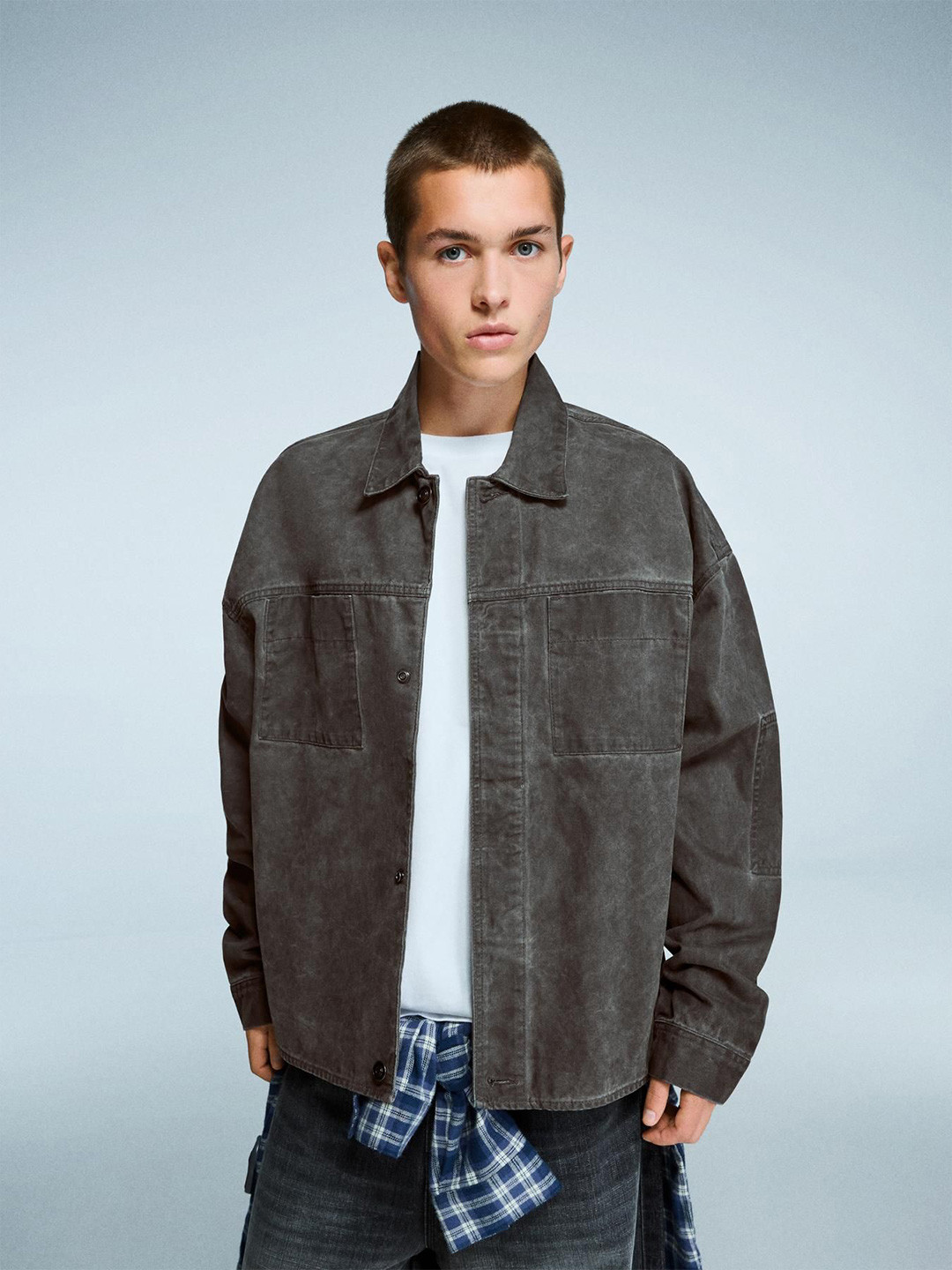 Bershka Standard Denim Spread Collar Cotton Oversized Casual Shirt