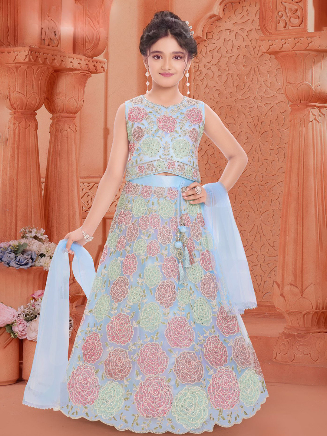 Lagorii Girls Floral Embroidered Beads Ready to Wear Lehenga & Blouse With Dupatta