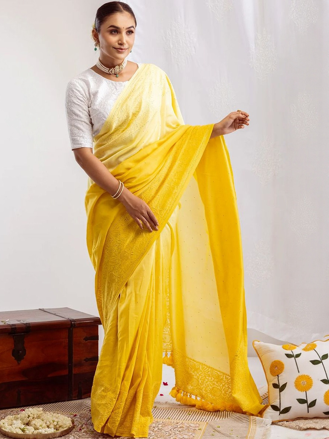 GAJRA Yellow Floral Embroidered Silk Blend Saree