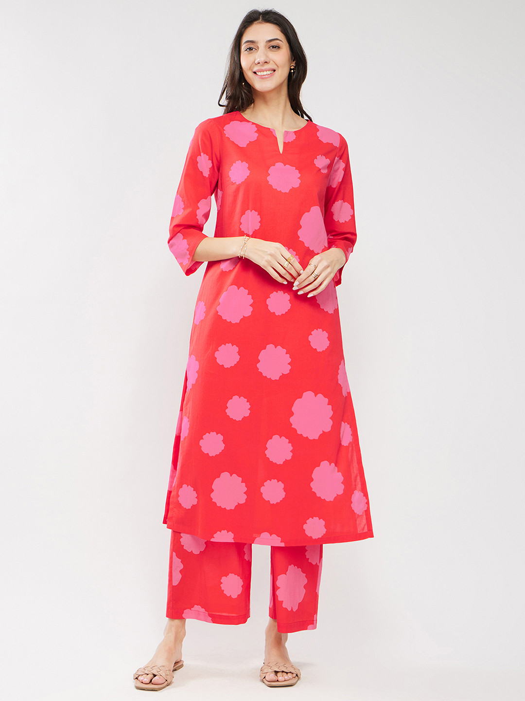 Pink Fort Cotton Floral Kurta Set - Red & Pink