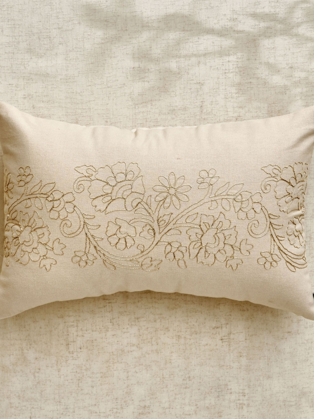 Home Centre Glimmer Luxe Auria Beige Embroidered Cotton Rectangle Cushion Cover